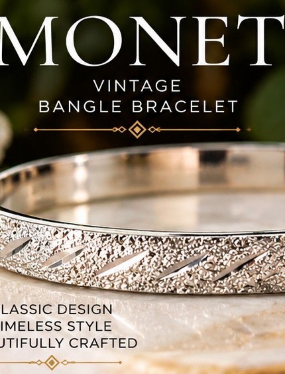 Vintage Monet Silver Tone Textured Diamond Cut Bangle Bracelet 1970s